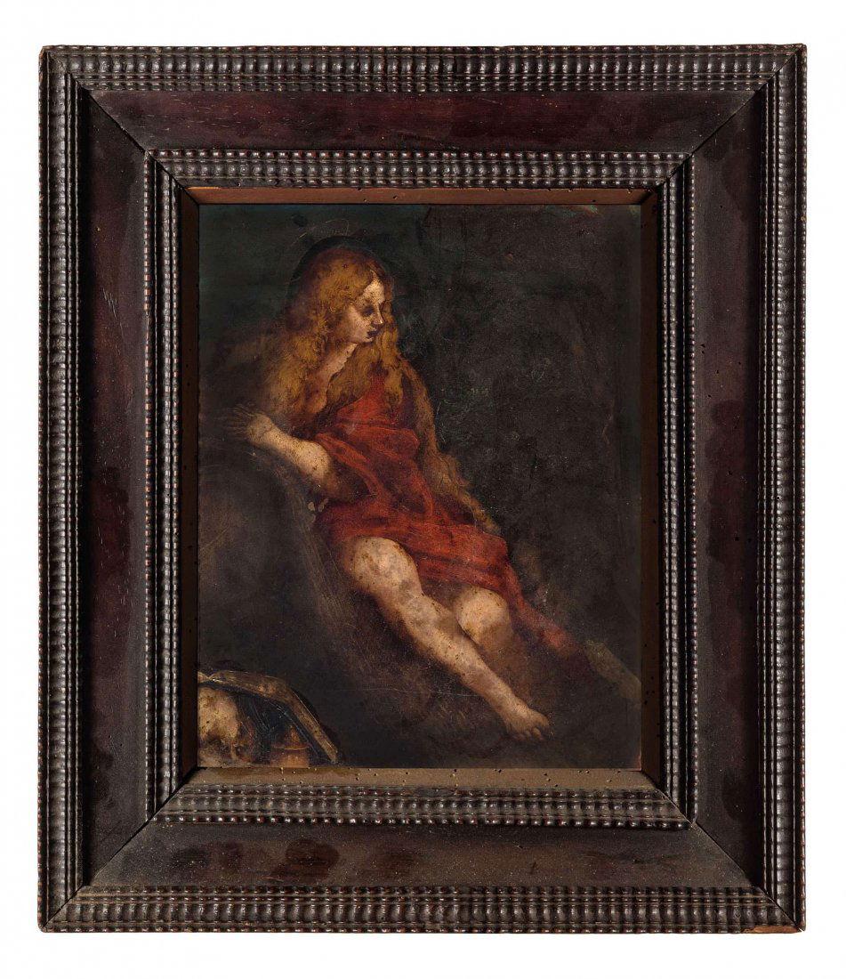 ANNIBALE CARRACCI (cerchia di): (Bologna, 1560 - Roma, 1609) Maddalena Olio su rame, cm 30X24 Il dipinto offuscato da una vernice molto ossidata e dalla sporcizia, tuttavia, esibisce una qualit degna di nota e brani pittorici di n