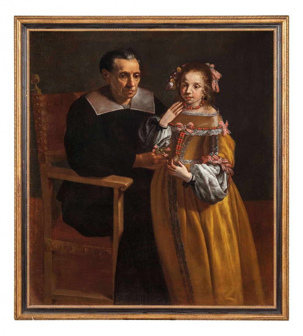PITTORE EMILIANO DEL XVII SECOLO: Doppio ritratto Olio su tela, cm 140X115 Questo doppio ritratto reca una attribuzione tradizionale a Cesare Gennari (Cento, 1637-1688), riferimento certamente adeguato se si analizza la tipologia dei