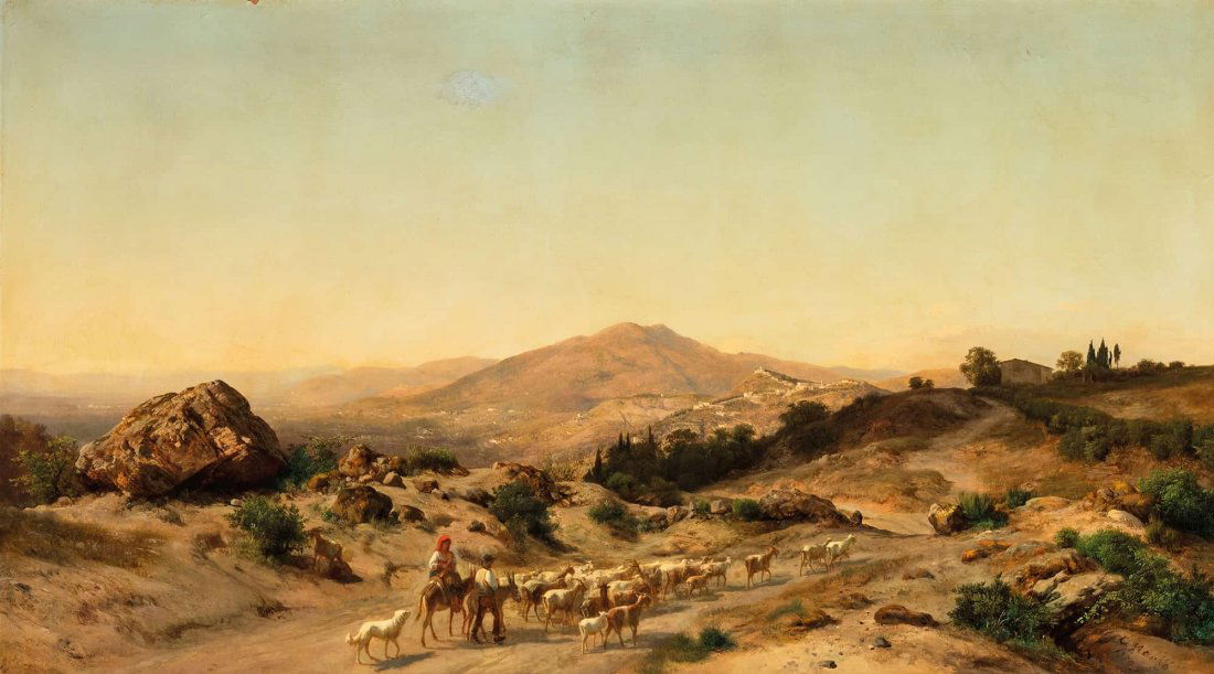 CARLO MARKO' (1822-1891): Paesaggio con contadini e gregge Firmato 'C Marko' in basso a destra Olio su tela, cm 75X135 La ricerca di un contatto diretto con la natura porta Mark ad ammirare i paesaggi che nel suo percorso di v