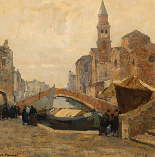 ANGELO PAVAN (1893-1945): Ponte Scarpa a Chioggia con figure Firmato 'A Pavan' in basso a sinistra Olio su tavola, cm 29X29 Interessante in questa piccola tavola la scansione dei piani, la profondit resa con tonalit diverse, d