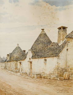 LUIGI BAZZANI (1836-1927): Trulli ad Alberobello Firmato 'Luigi Bazzani' e datato 1912 in basso a destra Acquarello su carta, cm 32X25 Provenienza: Milano, Finarte, 11 ottobre 2011, lotto 191