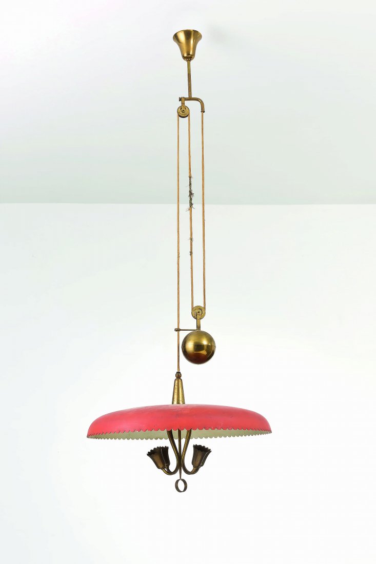 MANIFATTURA ITALIANA: Lampada a sospensione anni '50. Ottone, alluminio verniciato AN ITALIAN CELING LAMP cm 140x50