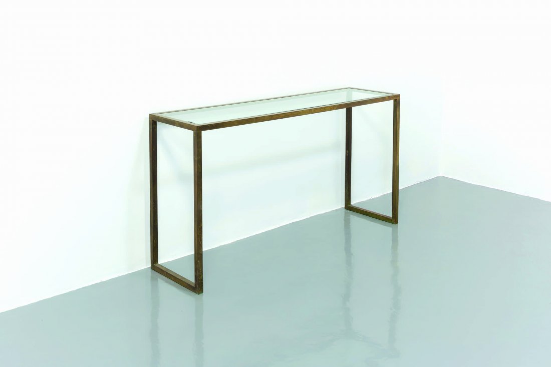 MANIFATTURA ITALIANA: Consolle anni '70. Ottone, cristallo molato AN ITALIAN CONSOLE cm 72x135x37