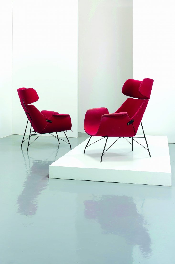 AUGUSTO BOZZI - 2: Coppia di poltrone, Saporiti anni '50. Metallo verniciato, tessuto imbottito cm 103x74x76 A PAIR OF ARMCHAIRS BY A. BOZZI