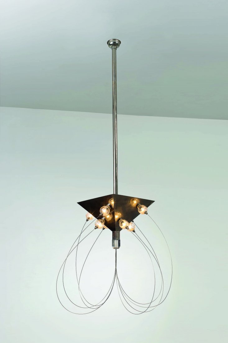 ARDITI & GIANNI GAMBERINI: Lampada a sospensione BT, Nucleo Sormani anni '70. Acciaio, perspex, magneteEsemplare 3/12 altezza cm 176 A CEILING LAMP BY GRUPPO ARDITI