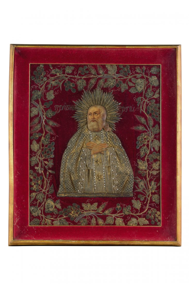 ICONA SU TESSUTO IN FILI D'ARGENTO RAFFIGURANTE SAN: restauri cm 55x45 (con cornice cm 70x58) A RUSSIAN FABRIC ICON OF 'ST. SERGIY', 19TH CENTURY- RESTORATIONS