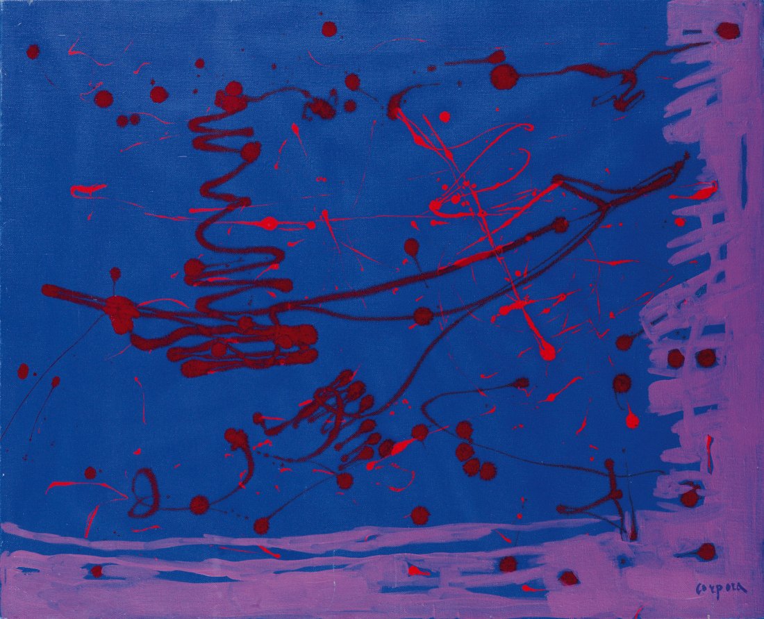 ANTONIO CORPORA: Tunisi 1909 - Roma 2004 Il tappeto volante, 1973 Olio su tela, cm 65 x 81 Firmato in basso a destra- titolato sul retro Autentica su fotografia dell'artista