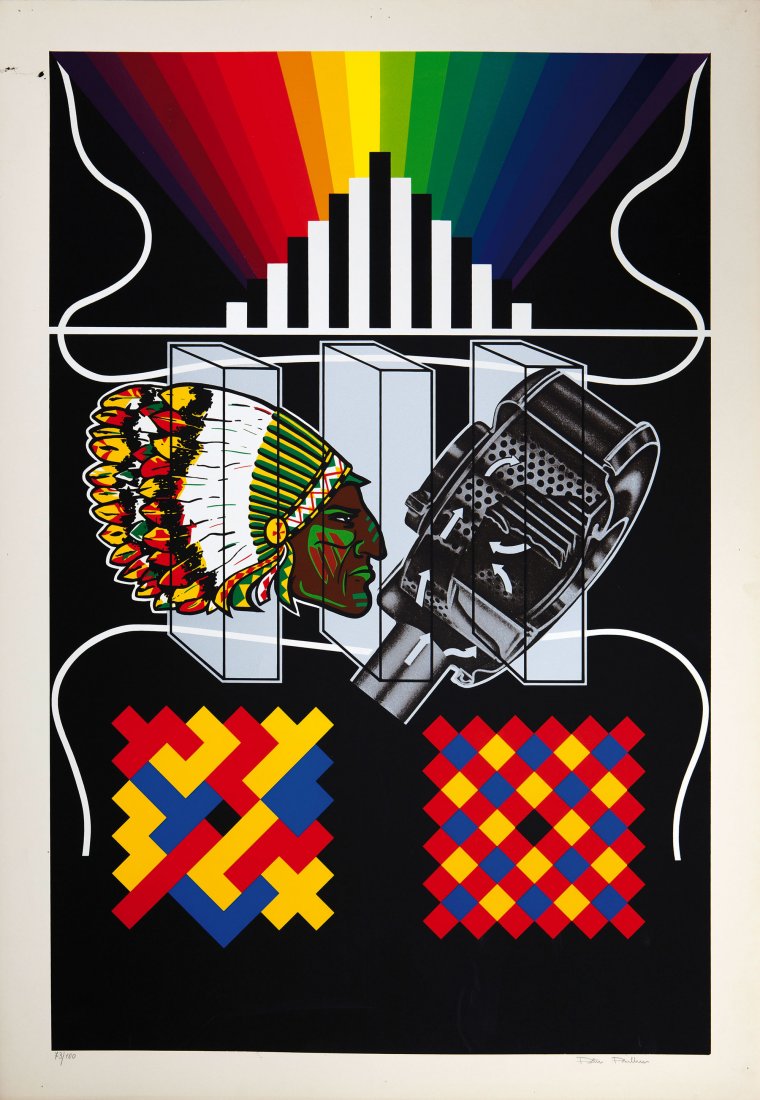 PETER PHILLIPS: Birmingham 1939 Indian, anni '70 Serigrafia su carta, cm 100 x 70 Firmato in basso a destra e numerato in basso a sinistra Edizioni Plura, esemplare 73/100