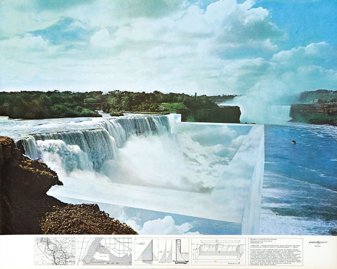 SUPERSTUDIO GROUP: 1966 - 1986 Niagara o l'architettura riflessa, 1970 Offset, cm 68,5 x 86,5 Timbrato, firmato e numerato in basso a destra Esemplare 93/500