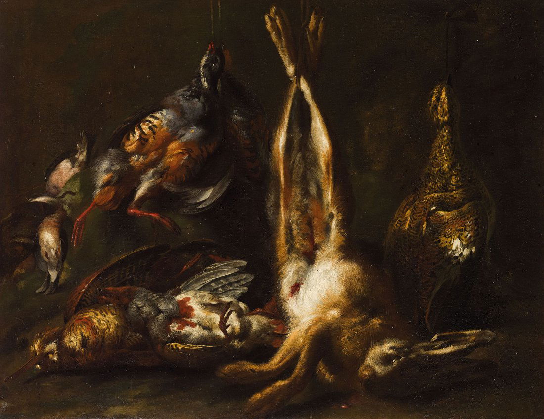 ANGELO MARIA CRIVELLI detto IL CRIVELLONE (attr. a): (attivo in Lombardia tra la fine del XVII e gli inizi del XVIII secolo) Natura morta con cesta, cacciagione e gatto Natura morta di cacciagione Olio su tela, cm 73X95 (2) Il soggetto e il carattere de