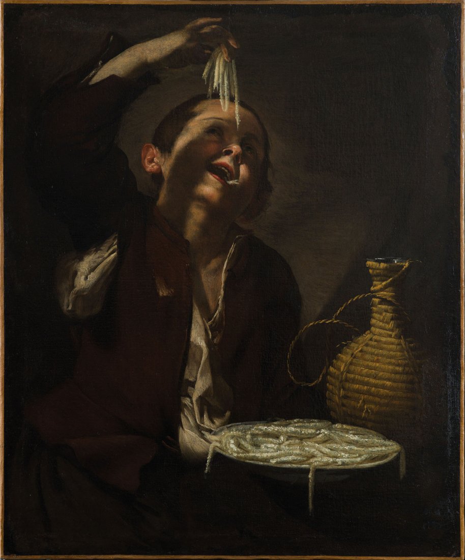 PITTORE NAPOLETANO DEL XVII SECOLO: Allegoria del gusto Olio su tela, cm 77X63 GiÃ attribuita a Bernardo Cavallino (Napoli, 1616-1656), l'opera riflette chiaramente gli stilemi della scuola napoletana d'inizio Seicento e la sua ispir