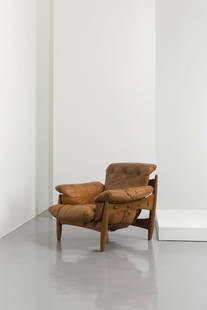 SERGIO RODRIGUEZ: A LOUNGE CHAIR BY S. RODRIGUEZ - Poltrona mod. "Sheriff", I.S.A. 1962. Legno , pelle imbottita - Etichetta della manifattura - cm 89x108x95