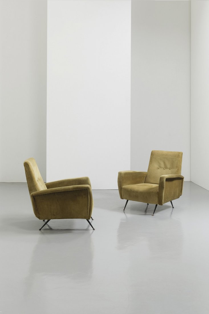 MANIFATTURA ITALIANA - 2: A PAIR OF ITALIAN ARMCHAIRS - Coppia di poltrone anni '50. Metallo verniciato, ottone, tessuto imbottito - cm 80x76x78