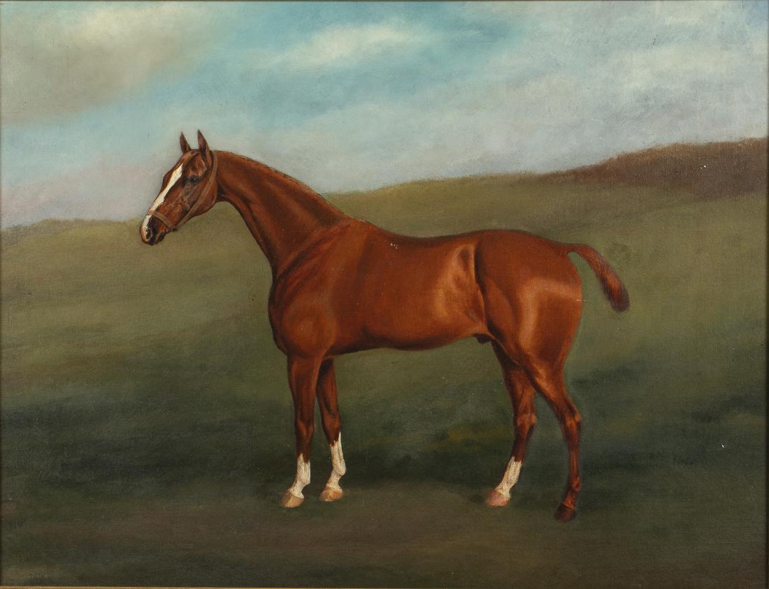 British School, Portrait of a Horse: Property from a Savannah, GA Estate oil on canvas mounted to board, unsigned, the chestnut horse on a green ground with sky above. Frame size: 22 3/4 in. x 27 7/8 in. By sight: H. 16 3/4 in. x W. 21 3
