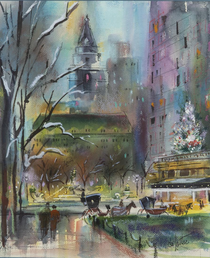 Georgette Le Lattre, The Plaza Hotel, Watercolor: Property from a South Carolina Collector signed bottom right, depicting carriages in front of the Plaza at night, matted and framed. Frame size: 24 3/4 in. x 20 3/4 in. By sight: H. 15 1/4 in. x W. 12