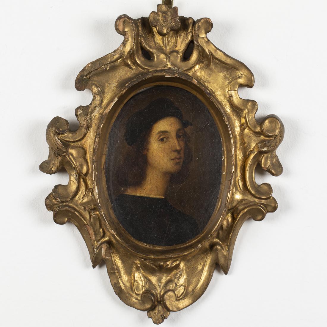 Italian School, After Raphael, Self Portrait, Oil: Property from a Southern Estate unsigned, in a giltwood frame. Frame size: 10 1/2 in. x 8 in. By sight: H. 5 1/4 in. x W. 4 2/4 in.