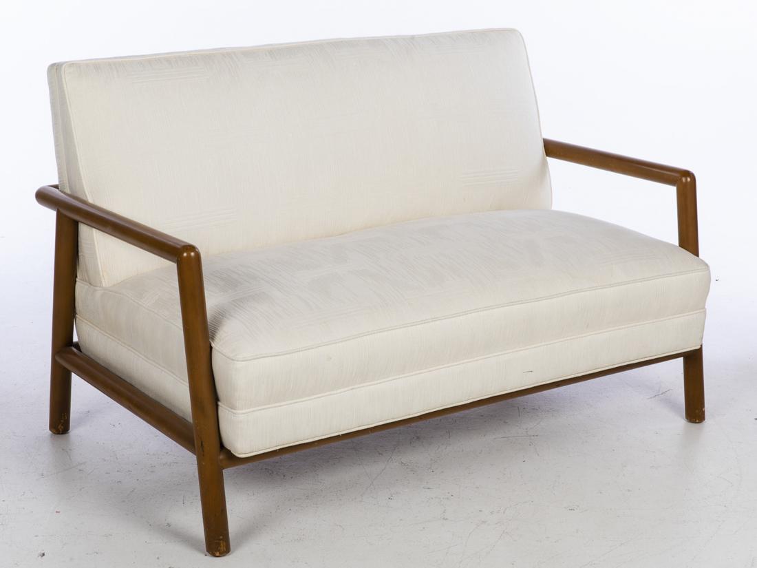 Mid-Century T. H. Robsjohn-Gibbings Loveseat: Mid-Century T. H. Robsjohn-Gibbings (British, 1905-1976) Loveseat, with open arms, the arm support continues to the leg, unmarked. Height: 32 1/2 in. x Width: 53 in. x Depth: 32 in.