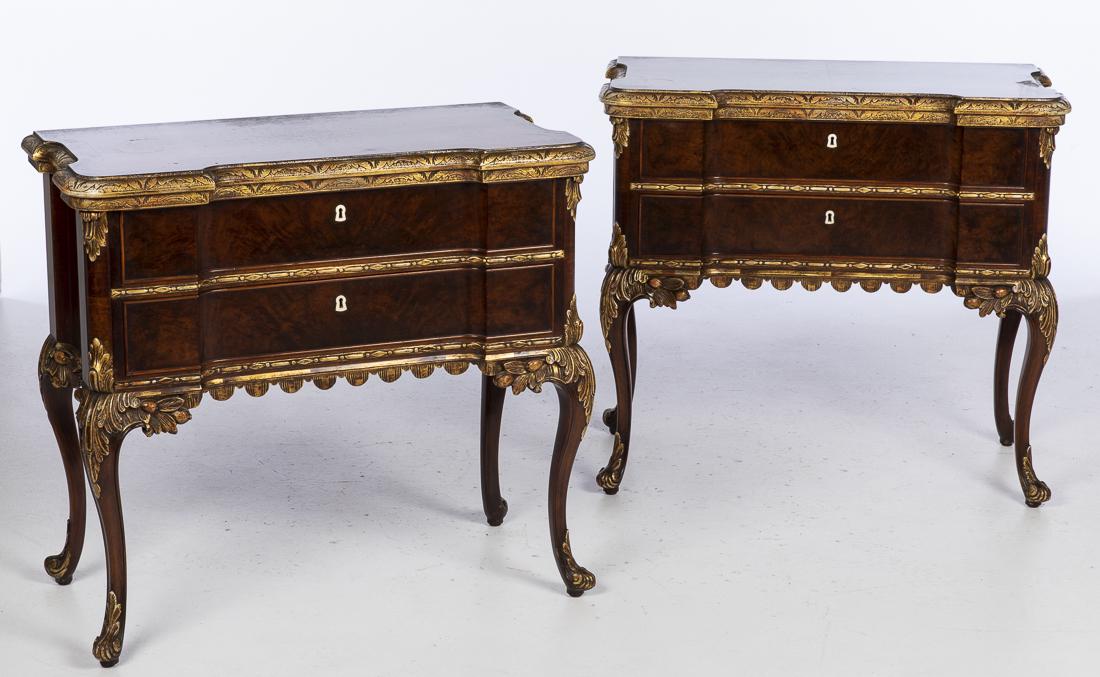 Pair of Walnut and Gilt Chest of Drawers: Property from the Estate of Judie Weiss Formerly in the Collection of Moses Weiss, NYC each with shaped rectangular top above two mahogany lined drawers raised on cabriole legs. H. 31 in. x W. 34 in. 