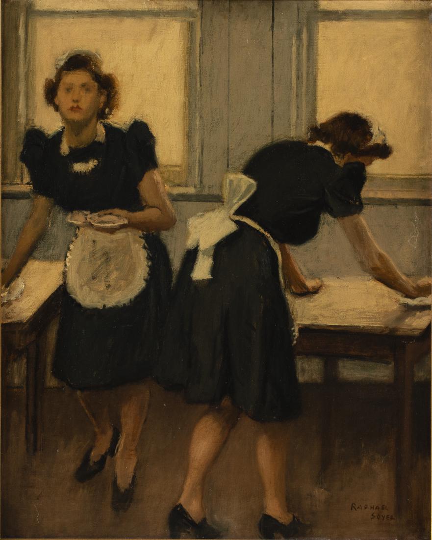 Raphael Soyer, Waitresses, Oil on Canvas: Property from the Estate of Judie Weiss Formerly in the Collection of Moses Weiss, NYC (NY, 1899-1987), Waitresses, Oil on Canvas, signed lower right, depicting two women cleaning tables in front of t