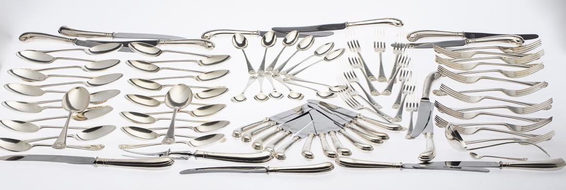 James Robinson Sterling Flatware Service, 90 pcs: Property of a Private Collection, Savannah, GA all monogramed, comprising 12 dinner forks, 12 salad forks, 12 spoons, 12 lunch spoons, 12 teaspoons, 12 dinner knives, 12 butter knives, one meat knife,