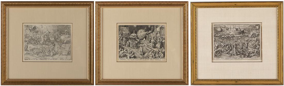 3 Pieter Brueghel the Elder Etchings: Property of a Private Collection, Savannah, GA (Belgium, 1526-1569), depicting Temperance (8 3/4 in. x 11 1/2 in.) and Fortitude (9 in. x 11 3/4 in.) from the Seven Virtues series, and Anger (8 3/4 in