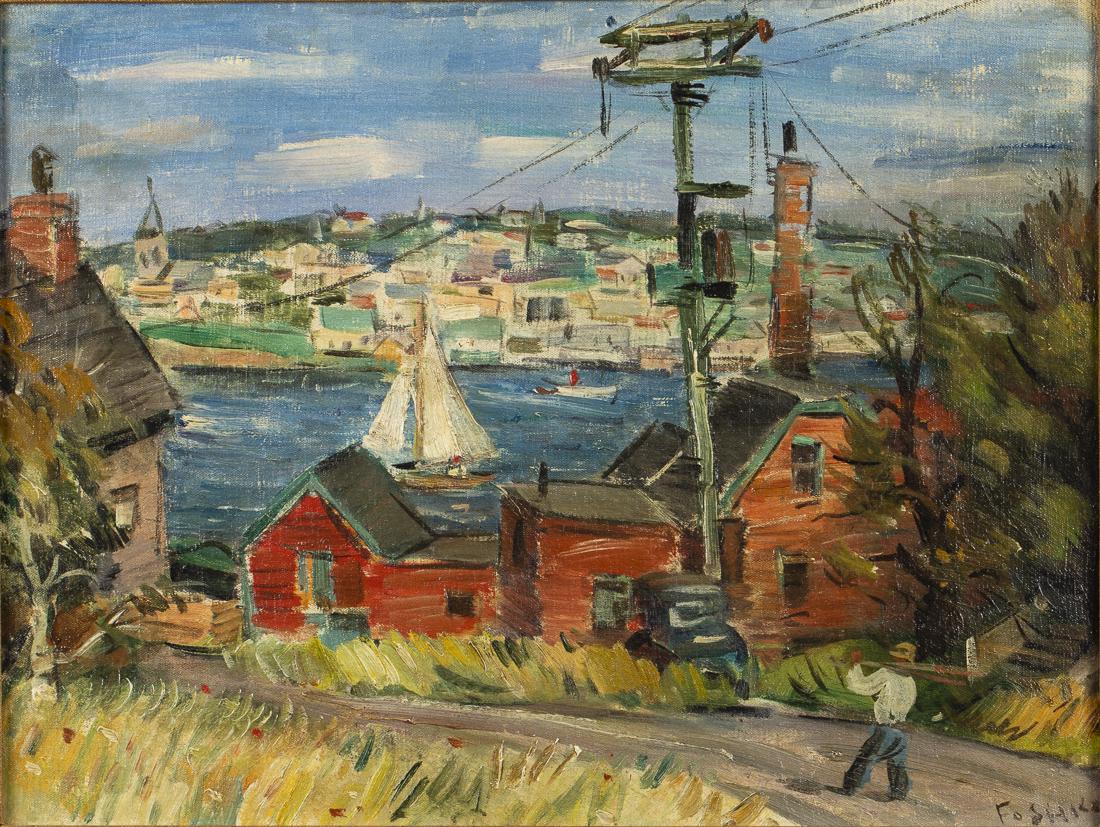 Josef Foshko, Harbor Scene, Oil on Canvas: Property from the Estate of Judie Weiss Formerly in the Collection of Moses Weiss, NYC (NY/Russian Federation, 1891-1971), signed lower right, with figure walking along road with telephone pole, sailb