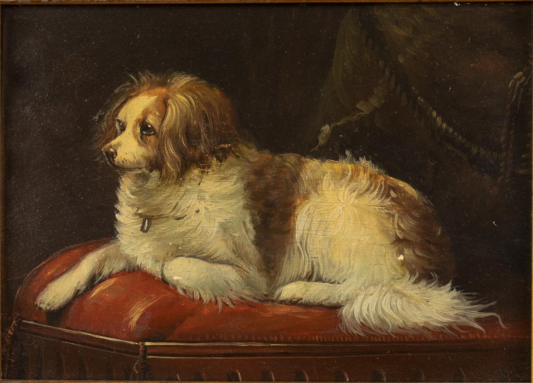 Unsigned, Painting of a Dog, Modern: Property from a Savannah, GA Estate oil on board, the dog reclining. Frame size: 11 in. x 13 in. By sight: H. 4 3/4 in. x W. 6 1/2 in.