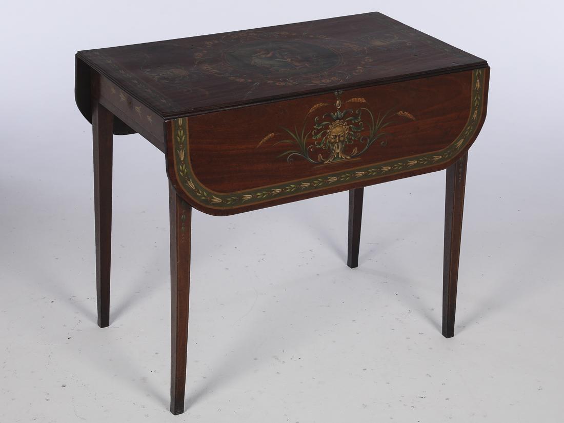 George III Painted Mahogany Pembroke Table, 18th C: Property of a Private Collection, Savannah, GA the rectangular top painted with a central cartouche with woman and angel with bellflower border, above a drawer, raised on square tapering legs. Dimensi