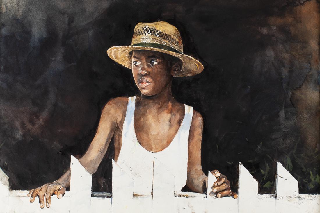 Stephen Scott Young, Tenth Son, Watercolor: Property of a Private Collection, Savannah, GA (FL/SC/Bahamas, b. 1957) signed, inscribed 'First Study Shelley's Brother' and dated '99 lower right with embossed stamp, depicting a boy with straw hat