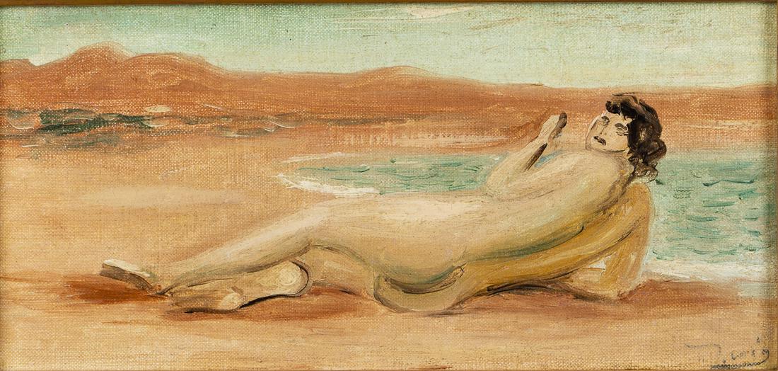 Andre Derain, Bather, Oil on Canvas: Property from the Estate of Judie Weiss Formerly in the Collection of Moses Weiss, NYC (French, 1880-1954), Bather, Oil on Canvas, signed lower right, depicting a reclining nude on the beach, in a gil