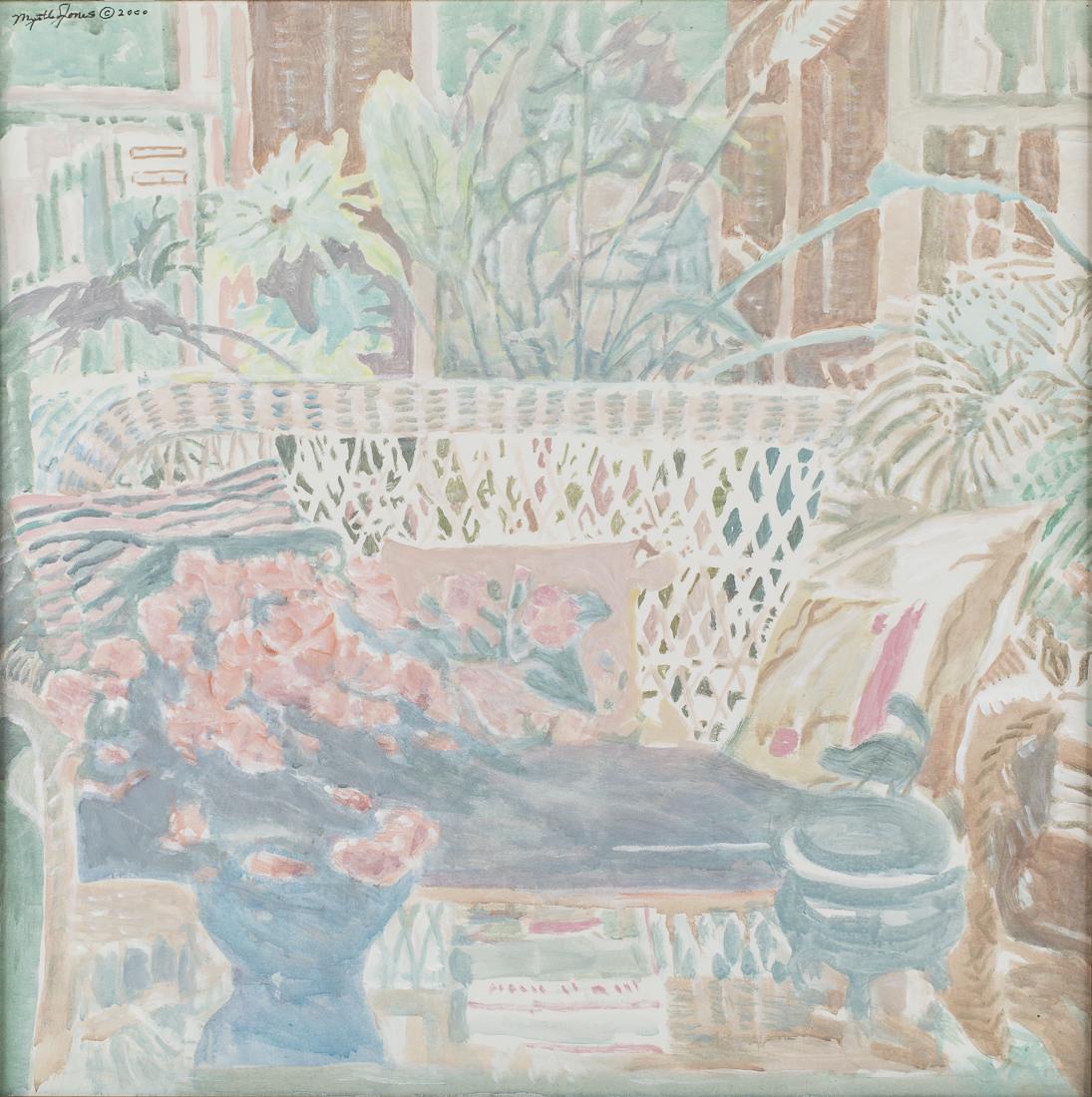 Myrtle Jones, Interior Scene with Wicker Chair, 2000: Property from a Savannah Collector (Savannah, 1913-2005) signed upper left, depicting a wicker settee with plant behind in an interior. Frame size: 39 in. x 39 in. By sight: H. 31 1/2 in. x W. 31 1/2 