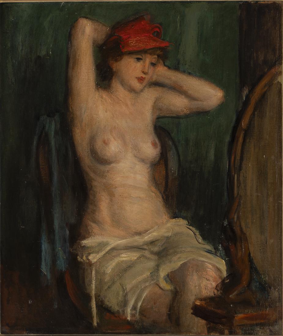 Josef Foshko, Nude, Oil on Canvas: Property from the Estate of Judie Weiss Formerly in the Collection of Moses Weiss, NYC (NY/Russian Federation, 1891-1971), unsigned, depicting a seated woman with red hat before a dressing mirror, in 