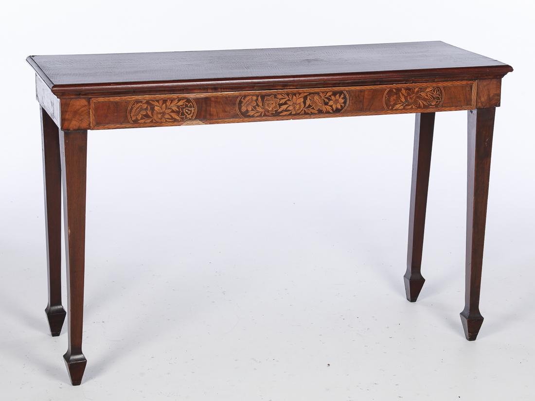 Italian Walnut Marquetry Console Table: Property from a Private Collection, Hilton Head Island, SC with long drawer inlaid with flowers, raised on square tapering legs ending in spade feet. H. 33 in. x W. 50 1/2 in. x D. 18 in.