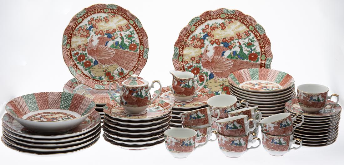 Gump's Imari Peacock Porcelain Dinnerware, 52 Pcs: Property from a Private Collection, Hilton Head Island, SC comprising 12 dinner plates, 12 salad plates, 12 tea cups and saucers, 12 bowls, cream, sugar, serving platter and bowl, all marked on bottom