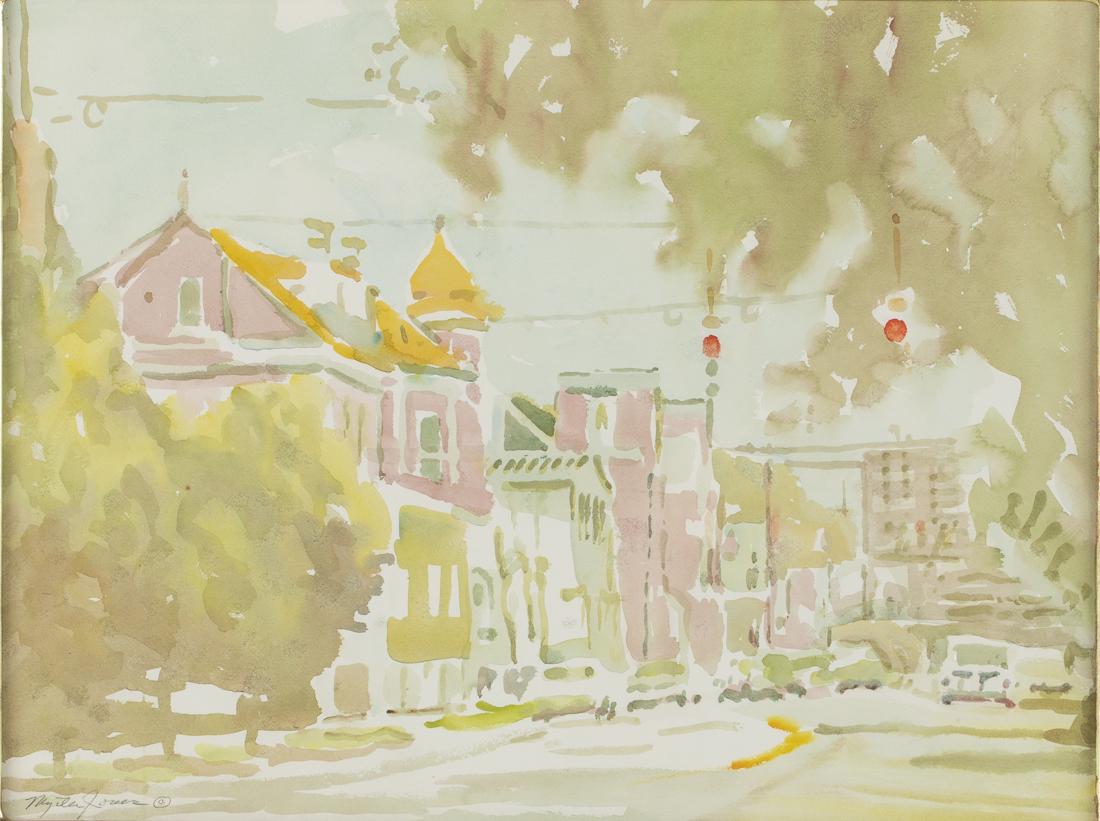 Myrtle Jones, Abercorn St, Watercolor on paper: Property of a Private Collection, Savannah, GA (GA, 1913-2005), pencil signed lower left, depicting Victorian houses along Abercorn st, matted and framed. Frame size: 28 3/8 in. x 33 3/4 in. By sight:
