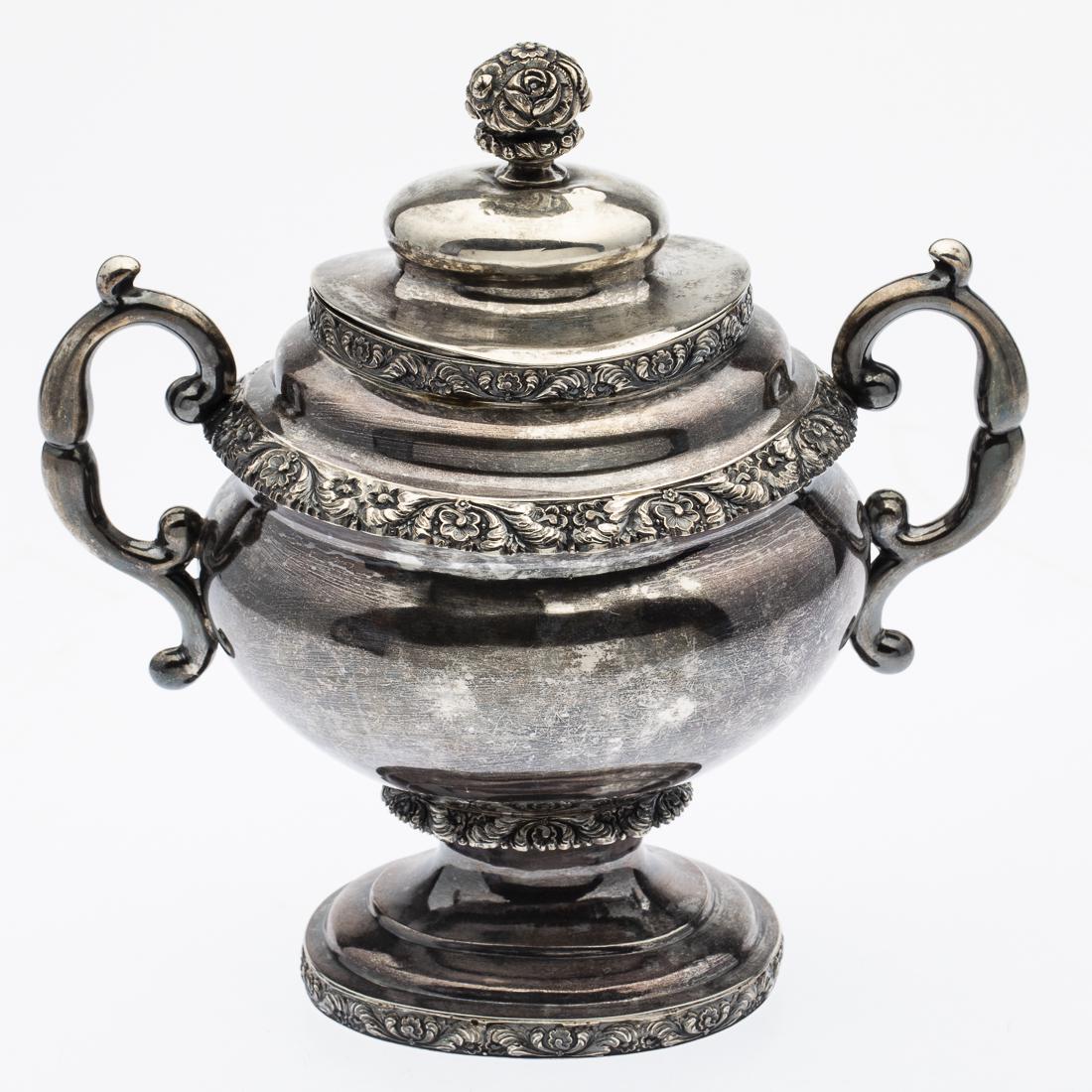 Frederick Marquand Coin Silver Lidded Urn: Property from a Savannah Estate (Savannah, Georgia, working 1820-1826, and New York, New York, working 1826-1839), marked 'F. Marquand' on base. 27.00 troy onces. H. 10 1/4 in. x W. 10 in. x D. 5 1/2 