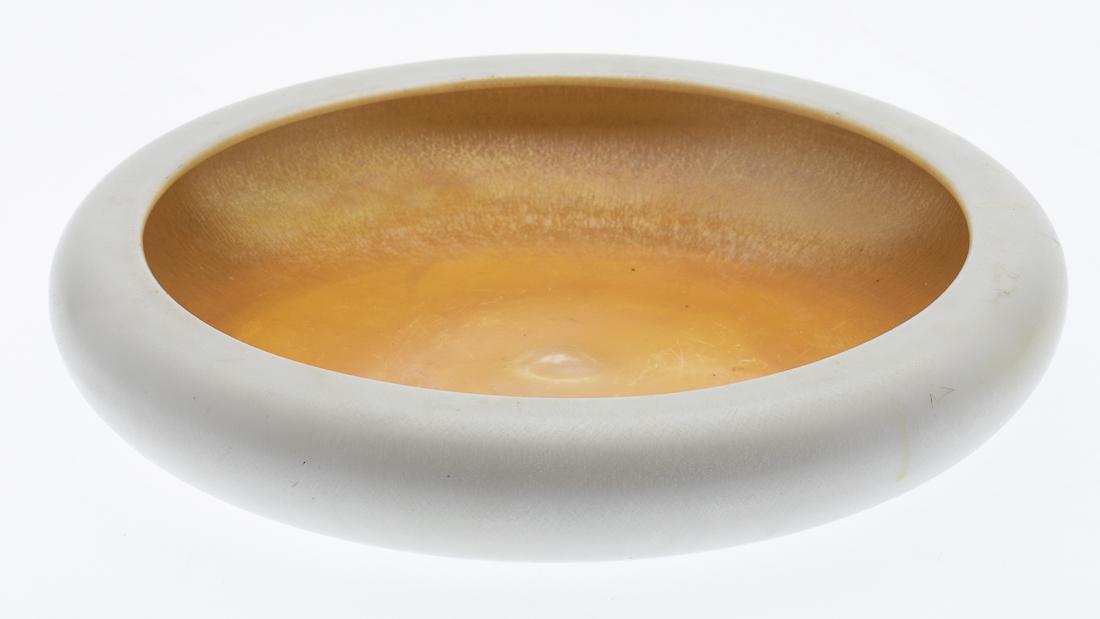 Steuben Calcite Aurene Glass Centerpiece Bowl: Property from a Savannah, GA Estate unmarked, with orange aurene glass interior and calcite glass exterior. H. 2 1/2 in. x W. 12 1/4 in.