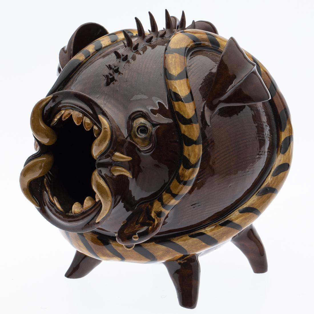 Roger Corn, Wild Hog with Rattlesnake Ceramic: Property from a Private Collection, Georgia signed on back of pig "Wild Hog with Rattle Snake by Roger Corn, Banks County, GA, 2004." H. 9 3/8 in. x W. 8 3/4 in. x D. 8 1/2 in. Roger Corn is a traditi