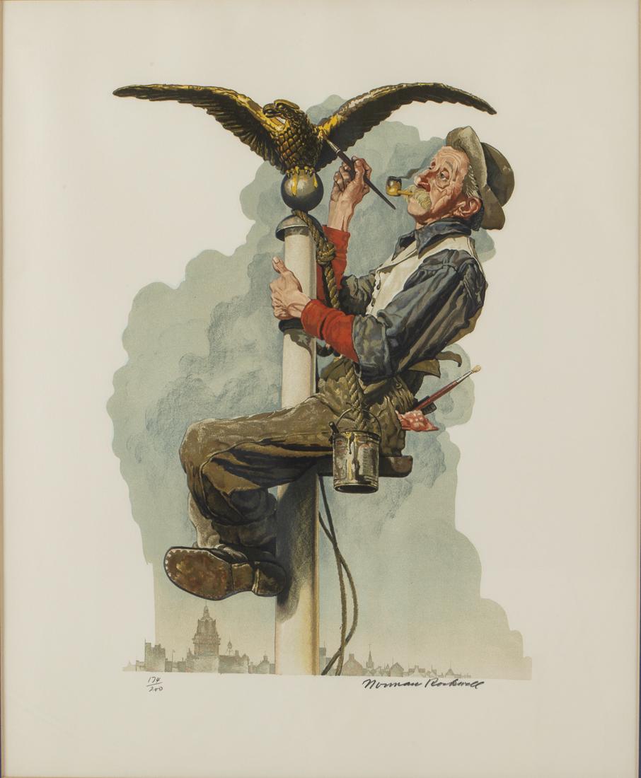Norman Rockwell, Gilding the Eagle, Lithograph: Property from a Private Collector, Savannah, GA (NY/MA, 1894-1978), pencil signed lower right and numbered 174/210 lower left, depicting a man painting the eagle on the top of a flag pole, matted and 
