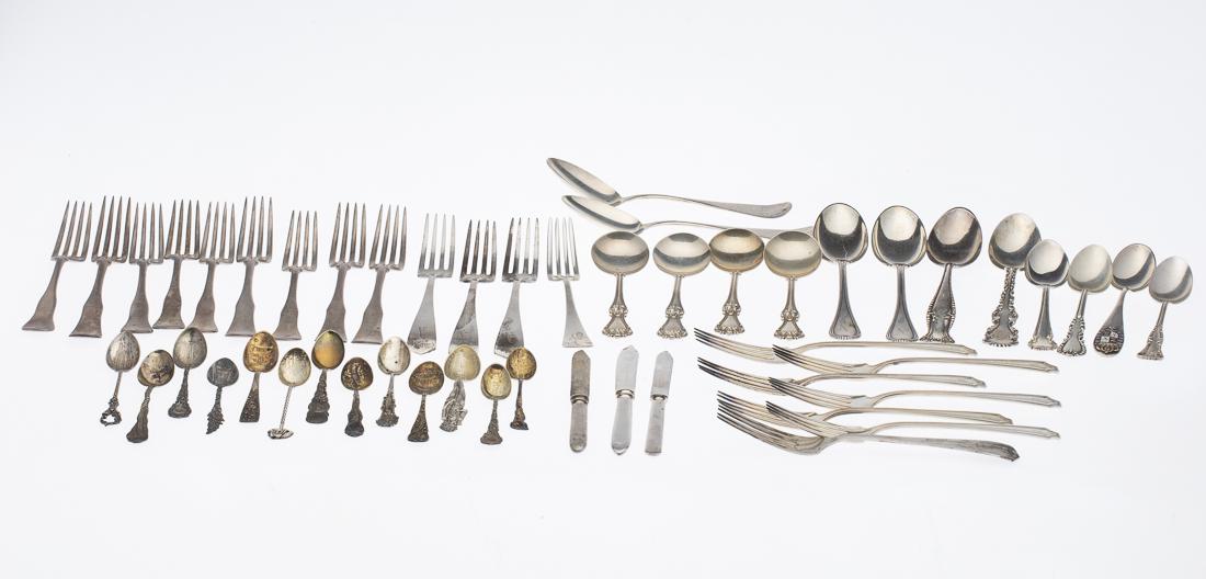 38 Sterling Silver Flatware Pieces and 9 Others: Property from a Private Collection Savannah, GA comprising 11 sterling dinner forks, 4 J.S. Co. Sterling dinner knives engraved 'A', 1 other dinner fork marked 'Sterling' and engraved 'A', 6 Wallace S