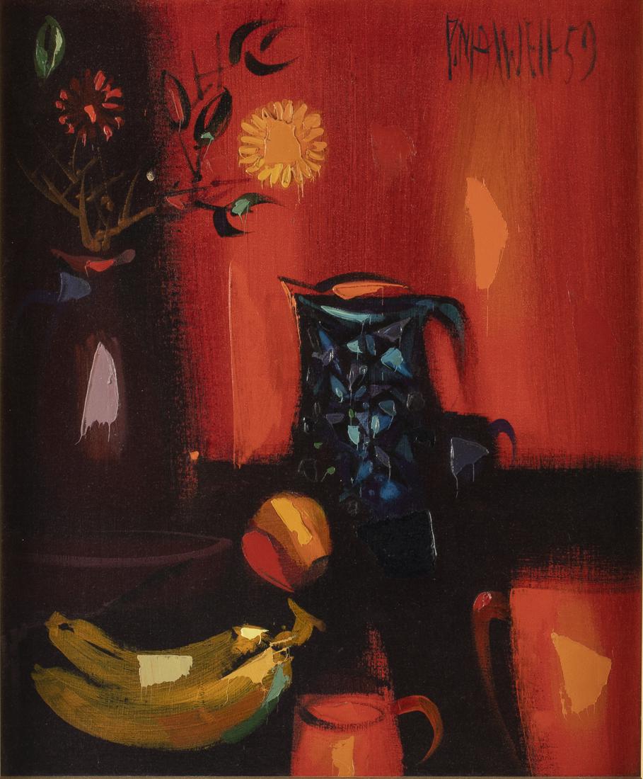 Paul Maxwell, Still Life, Oil on Canvas: Property from a Private Collection, South Carolina (TX/CA, 1925-2015), signed top right, depicting vase with flowers, pitcher and bananas with a red background. Frame size: 26 3/4 in. x 22 3/4 in. By