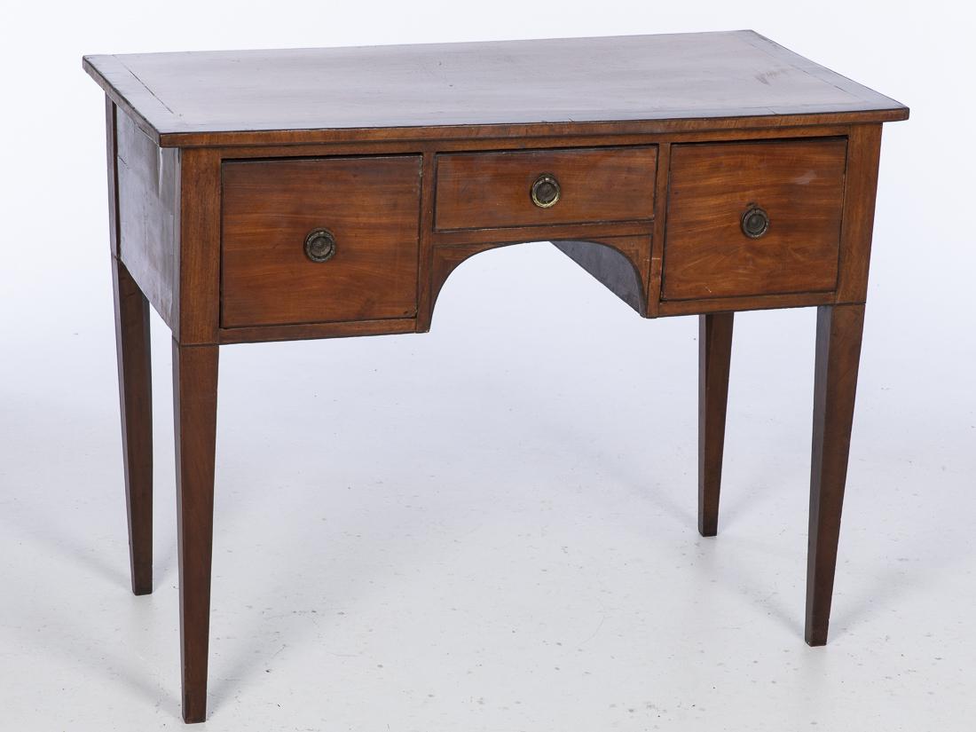 George III Mahogany Dressing Table, 18th Century: Property of a Private Collection, Savannah, GA the rectangular crossbanded top above an arrangement of three drawers raised on square tapering legs. H. 30 3/4 in. x W. 37 in. x D. 20 1/2 in.