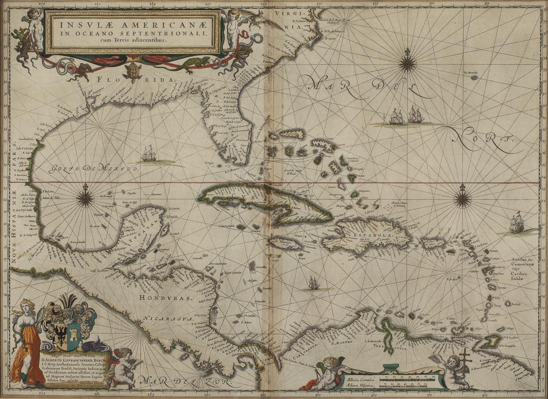 Guiljelmus Blaeu Map of the Caribbean, c. 1640: Property of a Private Collection, Savannah, GA (Dutch, 1571-1638), Titled 'Insulae American AE in Oceano Septentrionali', matted and framed. Frame size: 21 1/2 in. x 25 1/4 in. By sight: H. 14 3/4 in.