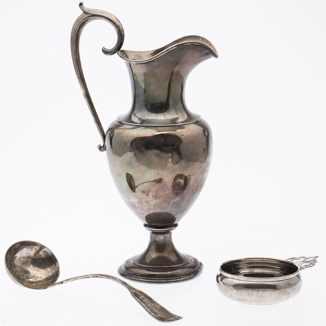 Group of Sterling & Coin Silver, 19th C and Later: Property from a Savannah Estate pitcher marked 'Geo. Sharp Jr., Atlanta GA', ladle engraved "E. H. Seagrane" and marked 'Gorham & Co. Coin', porringer marked 'Lunt Sterling.' 31.29 troy ounces. Size o