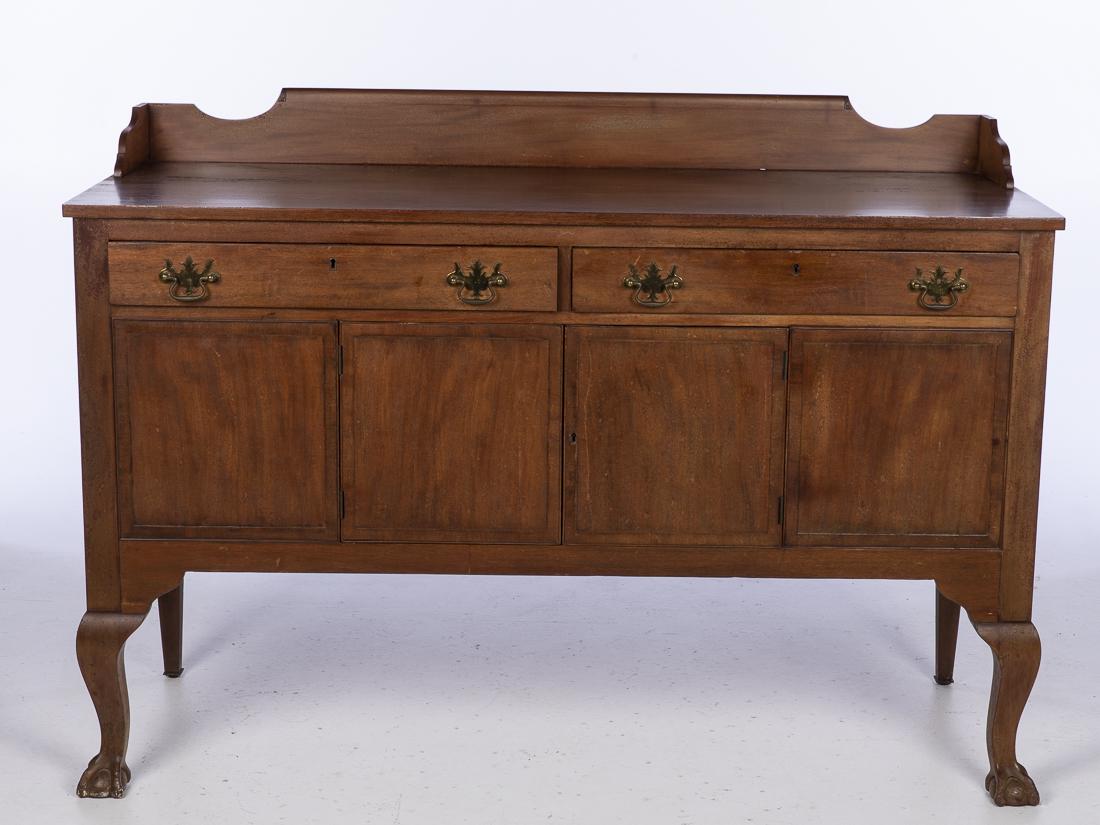 Chippendale Style Mahogany Sideboard: Property from a Florida Estate with plaque from R.J. Horner & Co., with three quarter gallery above two drawers over cabinet doors raised on cabriole legs ending in ball and claw feet. H. 43 1/2 in. x
