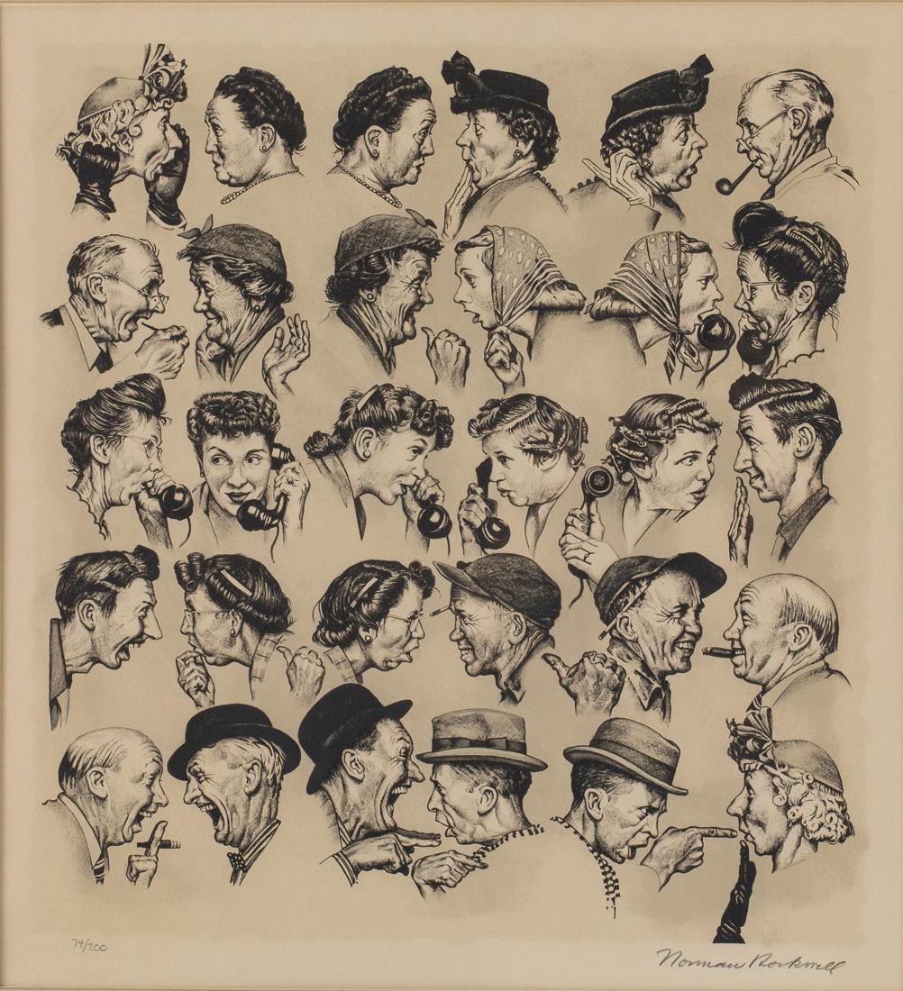 Norman Rockwell, The Gossips, Lithograph: Property from a Private Collector, Savannah, GA (NY/MA, 1894-1978), pencil signed lower right and numbered 74/100 lower left, matted and framed. Frame size: 29 in. x 26 1/2 in. Size of image: H. 19 1/