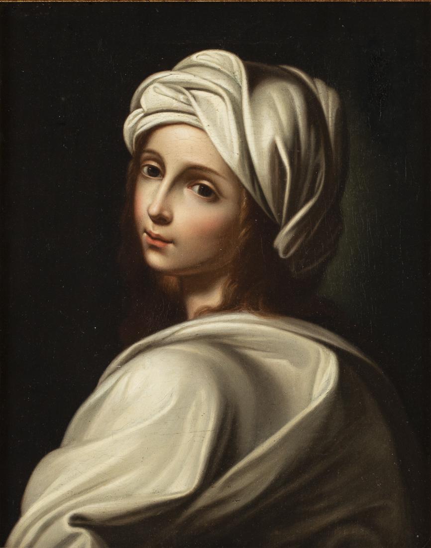 After Guido Reni, Portrait of Beatrice Cenci, 19th C: Property of a Private Collection, Savannah, GA oil on canvas, unsigned, the girl in white turban, in a giltwood turban. Frame size: 29 1/ 4in. x 24 1/2 in. By sight: H. 22 in. x W. 17 1/2 in.