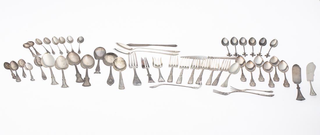 43 Pieces of Sterling Silver Flatware and 8 Others: Property from a Private Collection Savannah, GA with various designs and makers, comprising 6 salad forks, 4 soup spoons, 5 spoons, 2 ice tea spoons, 2 tea spoons, 6 fleur de lis handled teaspoons, 6 