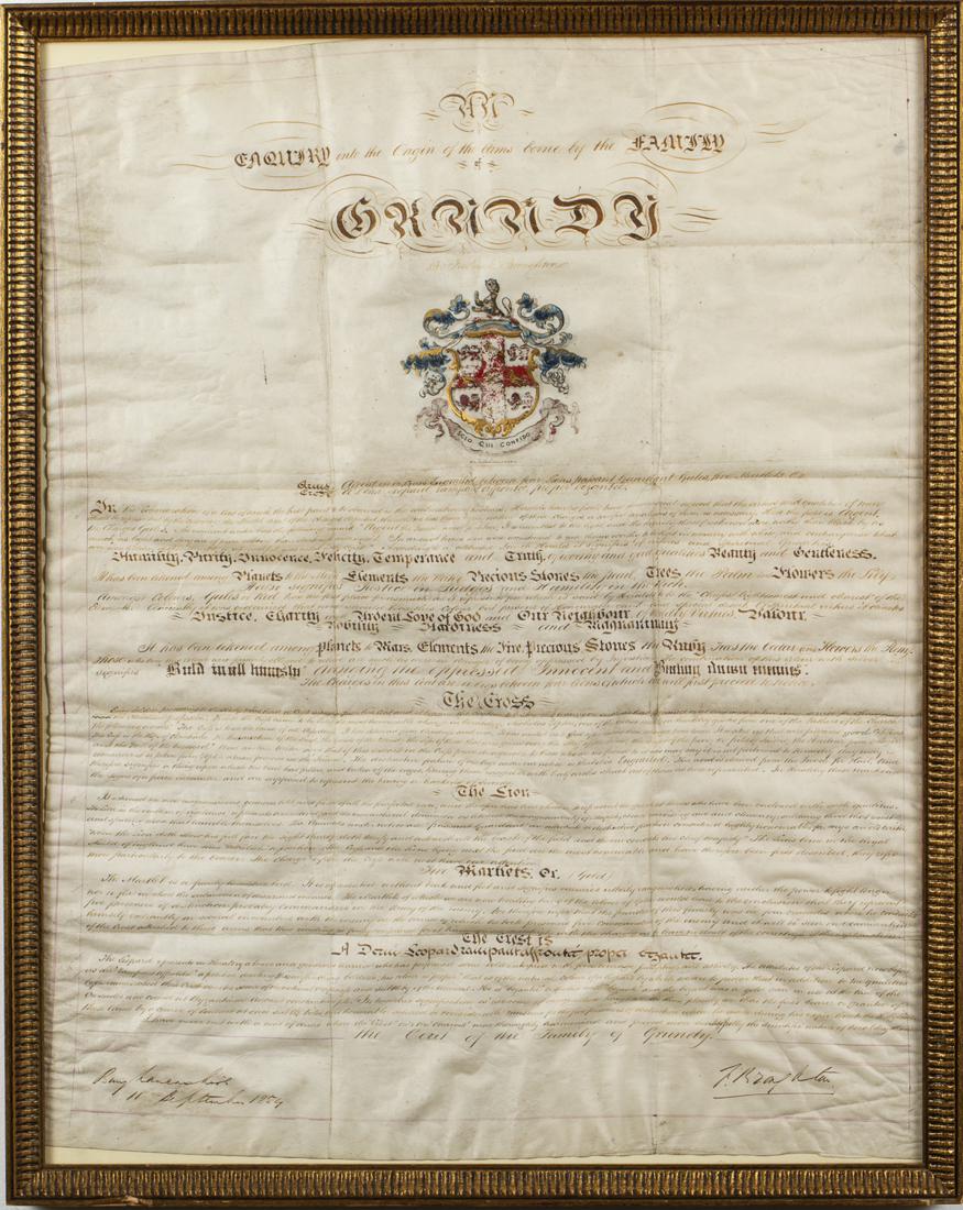 Frederick Broughton, Grundy Family Crest, 1854: Property from the Collection of Lady Grundy, Cocoa Beach, FL Frederick Broughton, Grundy Family Crest Document, 1854, with illuminated Grundy family crest and titled 'Inquiry into the Origins of the A