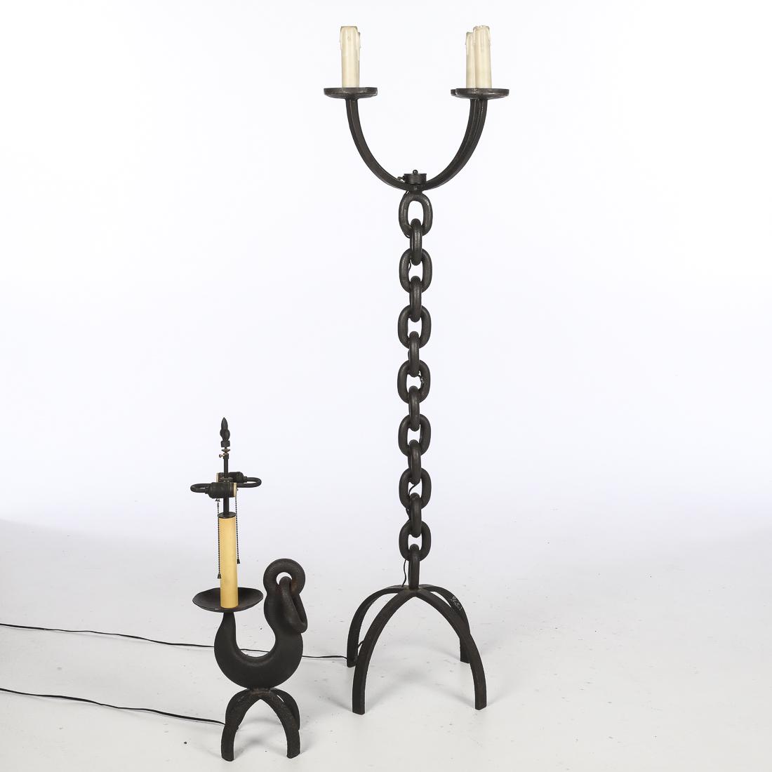 Iron Chain Standing Lamp and a Cast Iron Table Lamp: Property of a Private Collection, Savannah, GA according to the client both by Saget NYC, the standing lamp issuing 4 candle arms. The cast iron hook lamp (H. 24 in.) issuing a single candle arm, both